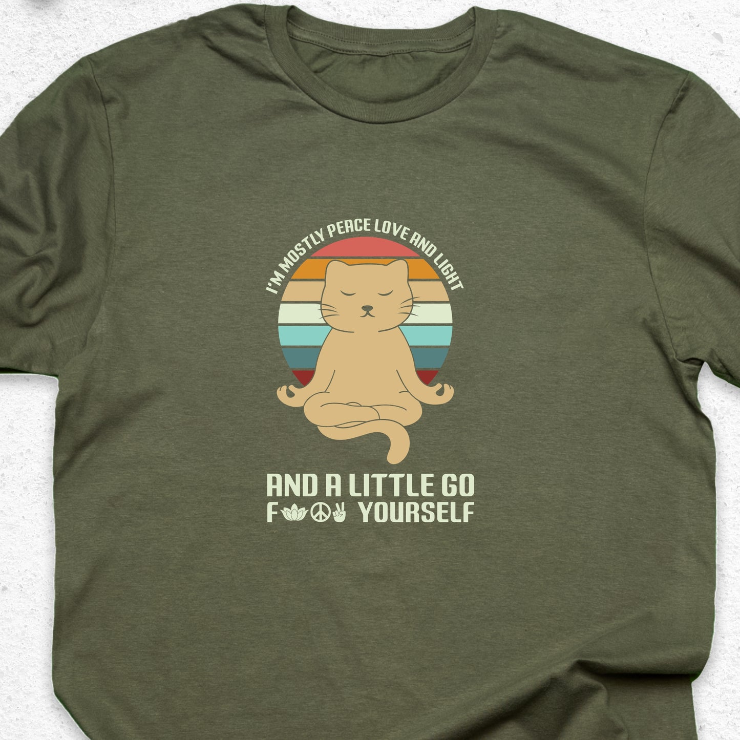 Funny Yoga Cat T-Shirt – Mostly Peace Love and Light Tee, Sarcastic Meditation Shirt, Zen Humor Gift