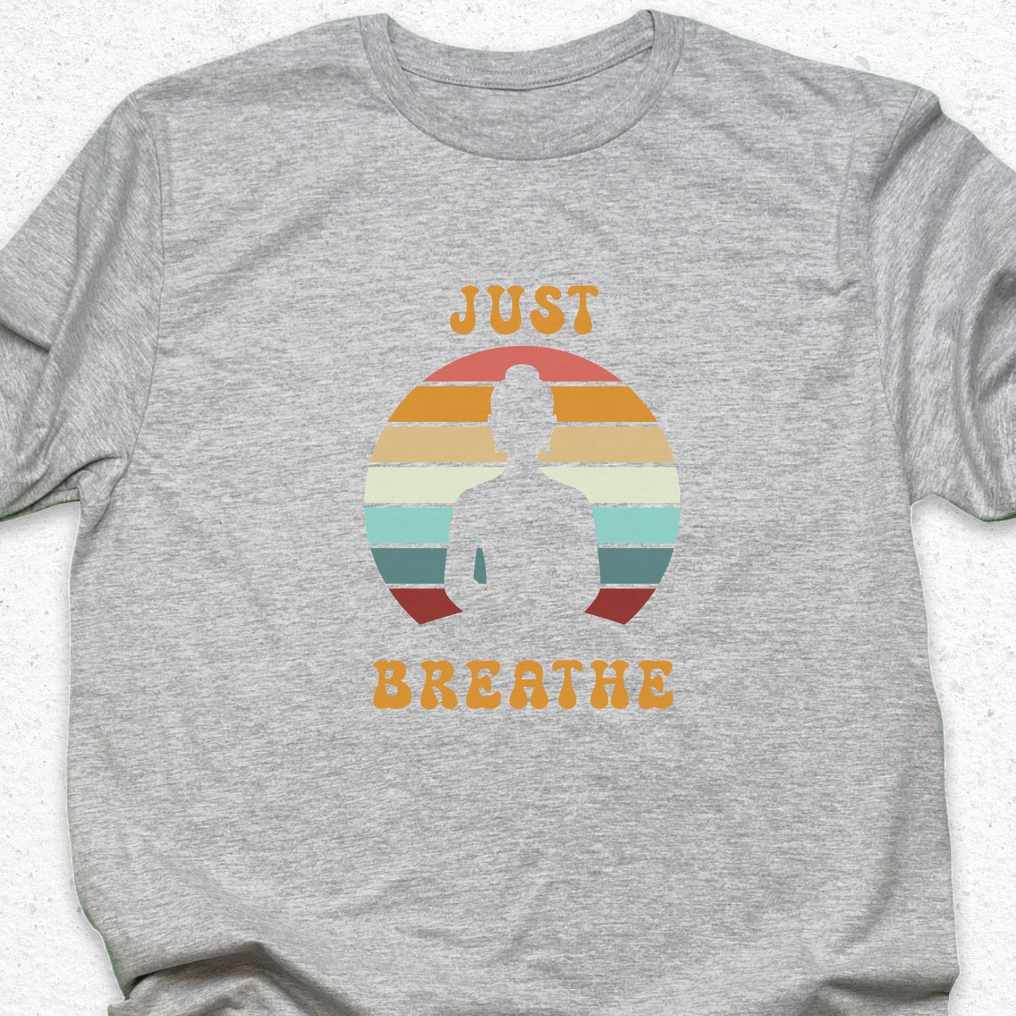 Just Breathe Yoga T-Shirt – Meditation Tee, Mindfulness Shirt, Zen Relaxation Retro Sunset Design