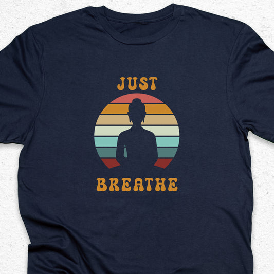 Just Breathe Yoga T-Shirt – Meditation Tee, Mindfulness Shirt, Zen Relaxation Retro Sunset Design