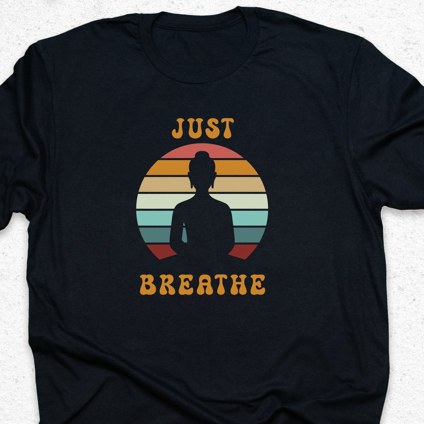 Just Breathe Yoga T-Shirt – Meditation Tee, Mindfulness Shirt, Zen Relaxation Retro Sunset Design