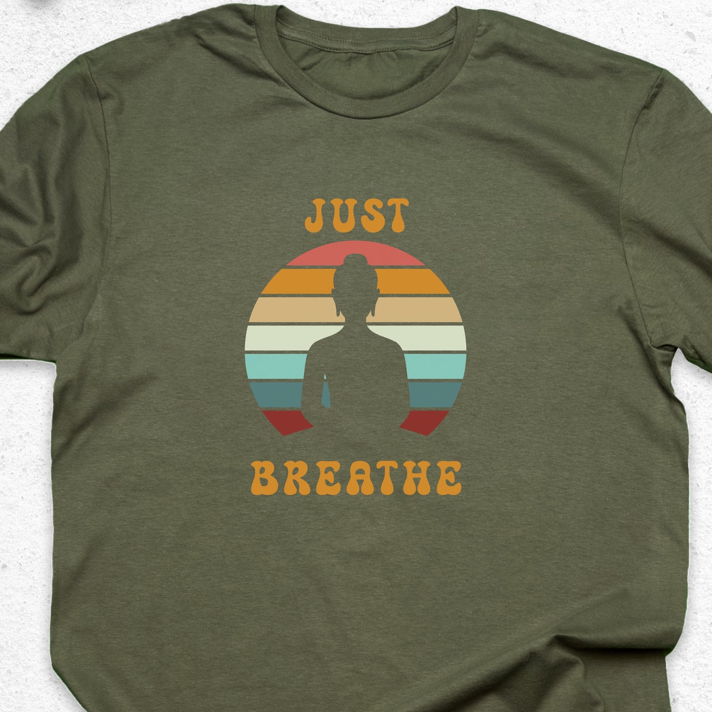 Just Breathe Yoga T-Shirt – Meditation Tee, Mindfulness Shirt, Zen Relaxation Retro Sunset Design
