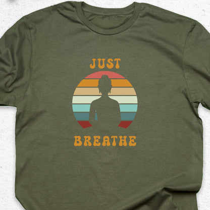 Just Breathe Yoga T-Shirt – Meditation Tee, Mindfulness Shirt, Zen Relaxation Retro Sunset Design