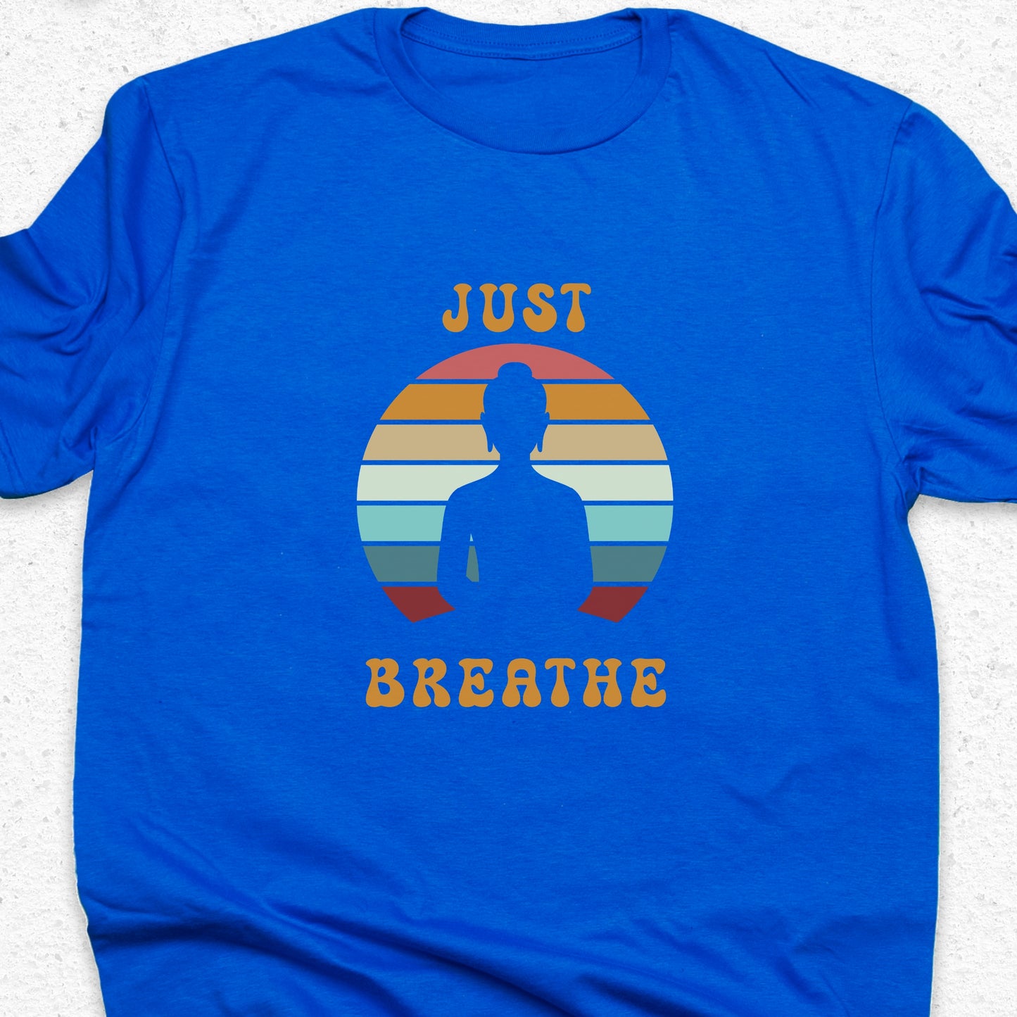 Just Breathe Yoga T-Shirt – Meditation Tee, Mindfulness Shirt, Zen Relaxation Retro Sunset Design