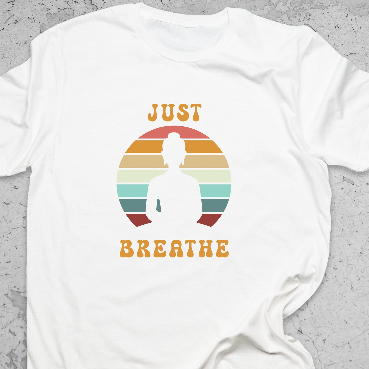 Just Breathe Yoga T-Shirt – Meditation Tee, Mindfulness Shirt, Zen Relaxation Retro Sunset Design