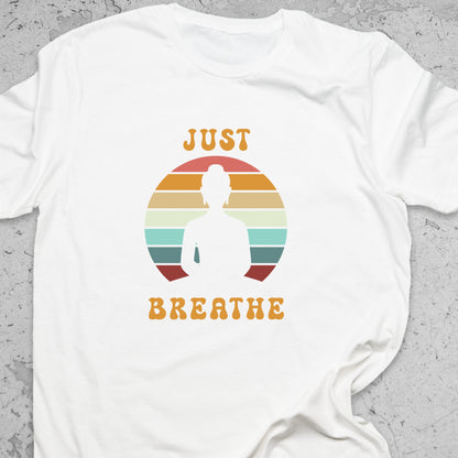 Just Breathe Yoga T-Shirt – Meditation Tee, Mindfulness Shirt, Zen Relaxation Retro Sunset Design