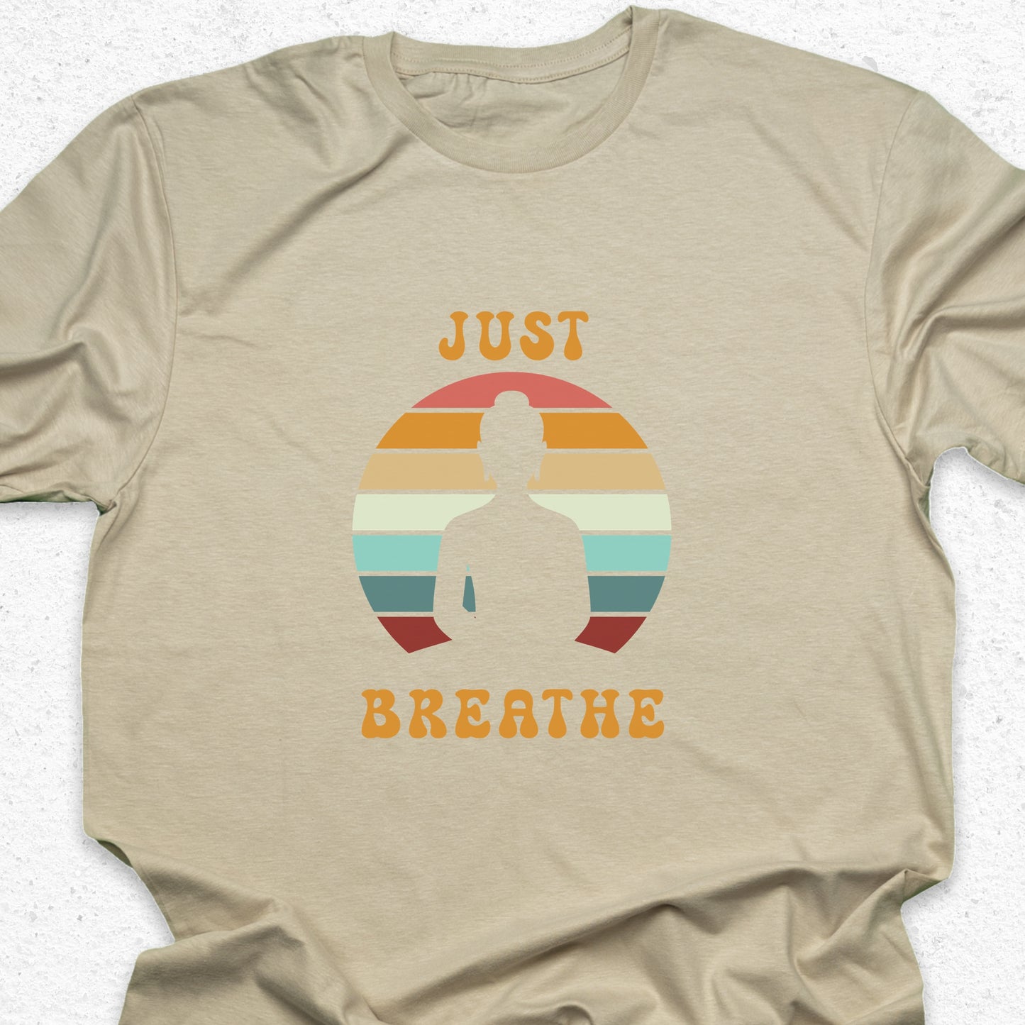 Just Breathe Yoga T-Shirt – Meditation Tee, Mindfulness Shirt, Zen Relaxation Retro Sunset Design