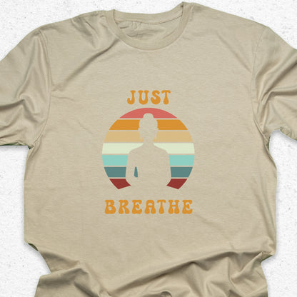 Just Breathe Yoga T-Shirt – Meditation Tee, Mindfulness Shirt, Zen Relaxation Retro Sunset Design