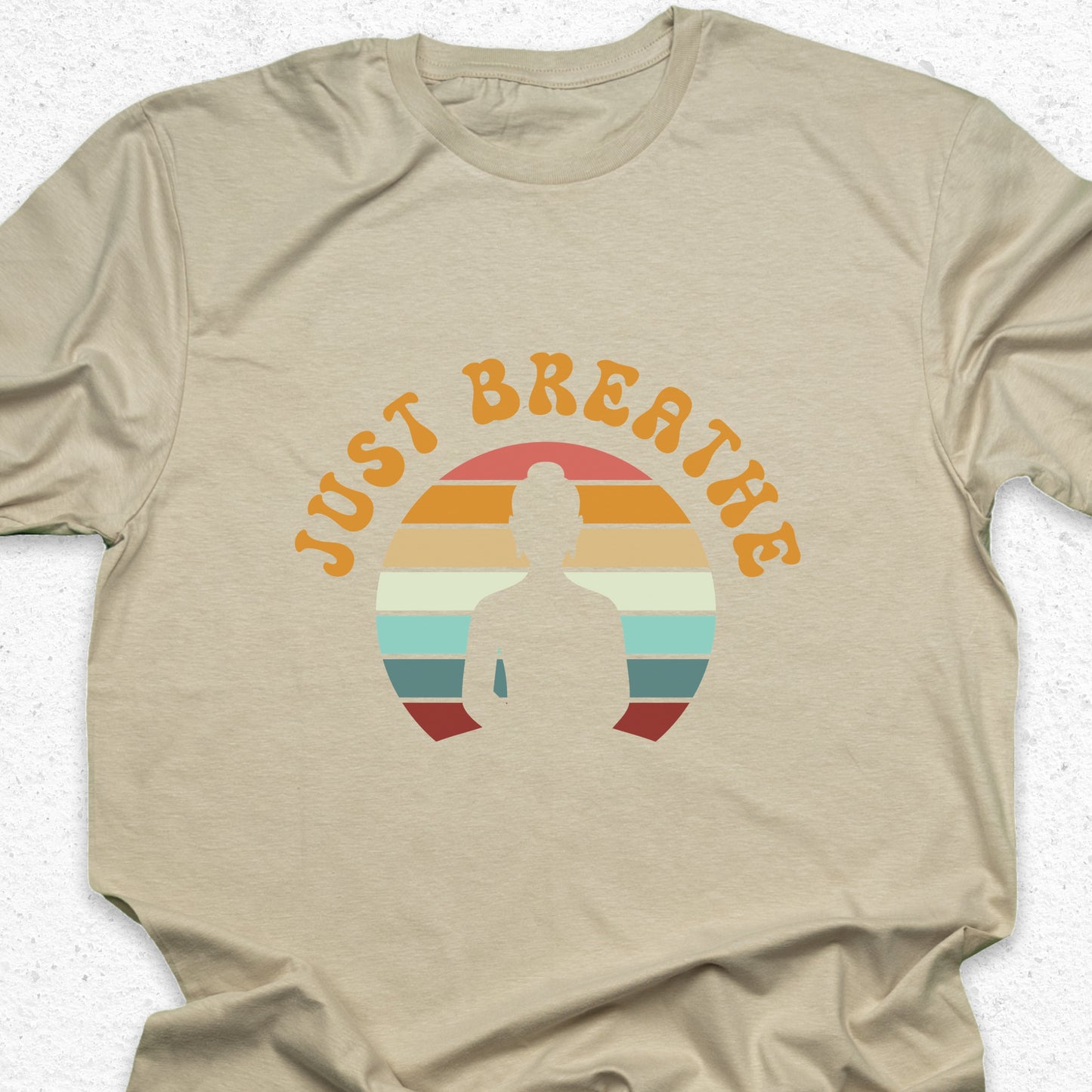 Just Breathe Yoga T-Shirt – Meditation Tee, Mindfulness Shirt, Zen Relaxation Retro Sunset Design