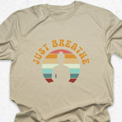Just Breathe Yoga T-Shirt – Meditation Tee, Mindfulness Shirt, Zen Relaxation Retro Sunset Design