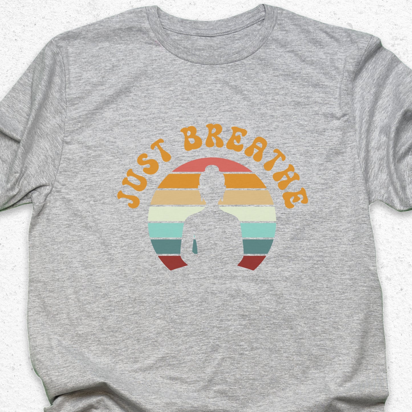 Just Breathe Yoga T-Shirt – Meditation Tee, Mindfulness Shirt, Zen Relaxation Retro Sunset Design