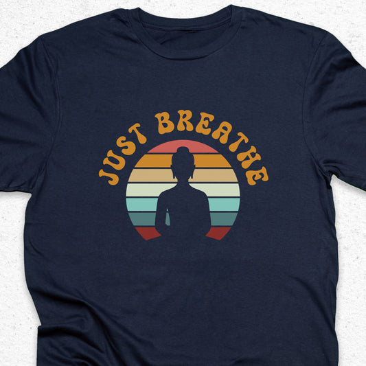 Just Breathe Yoga T-Shirt – Meditation Tee, Mindfulness Shirt, Zen Relaxation Retro Sunset Design