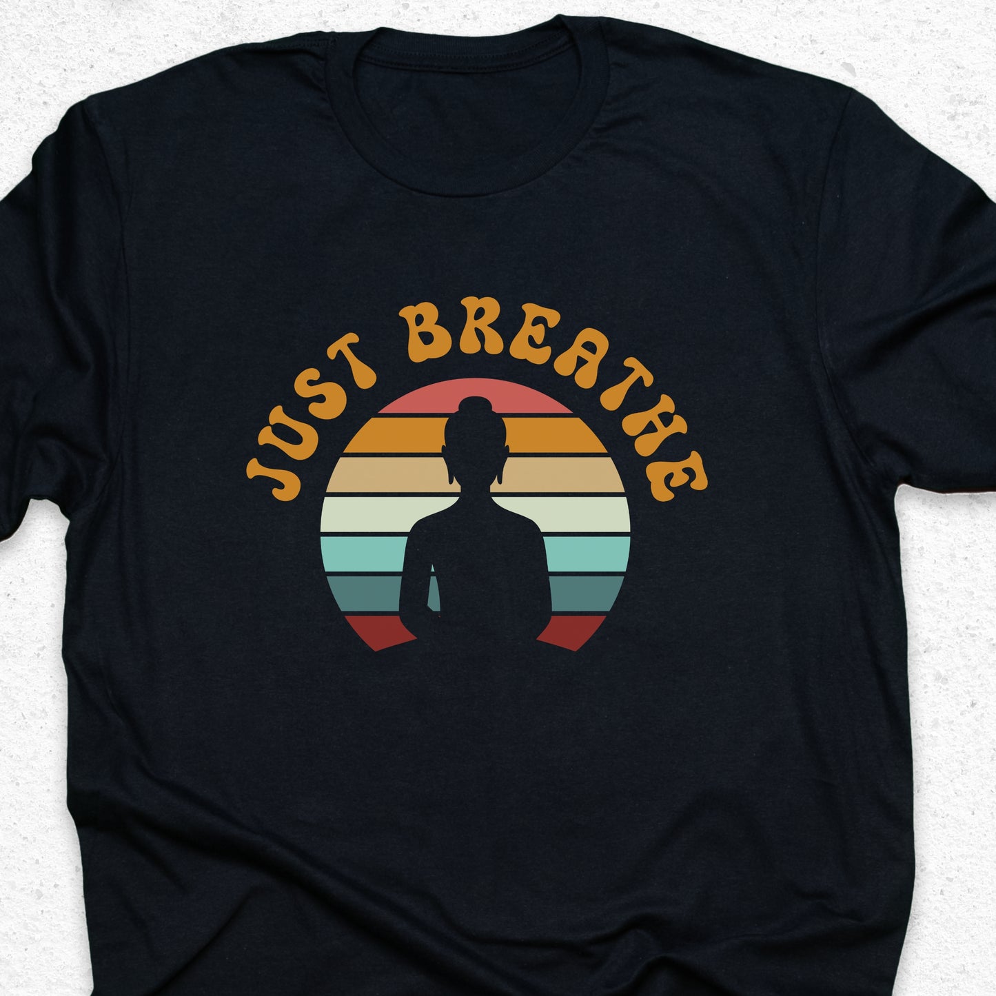 Just Breathe Yoga T-Shirt – Meditation Tee, Mindfulness Shirt, Zen Relaxation Retro Sunset Design