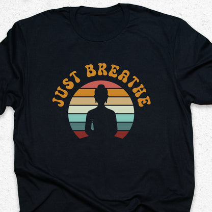 Just Breathe Yoga T-Shirt – Meditation Tee, Mindfulness Shirt, Zen Relaxation Retro Sunset Design