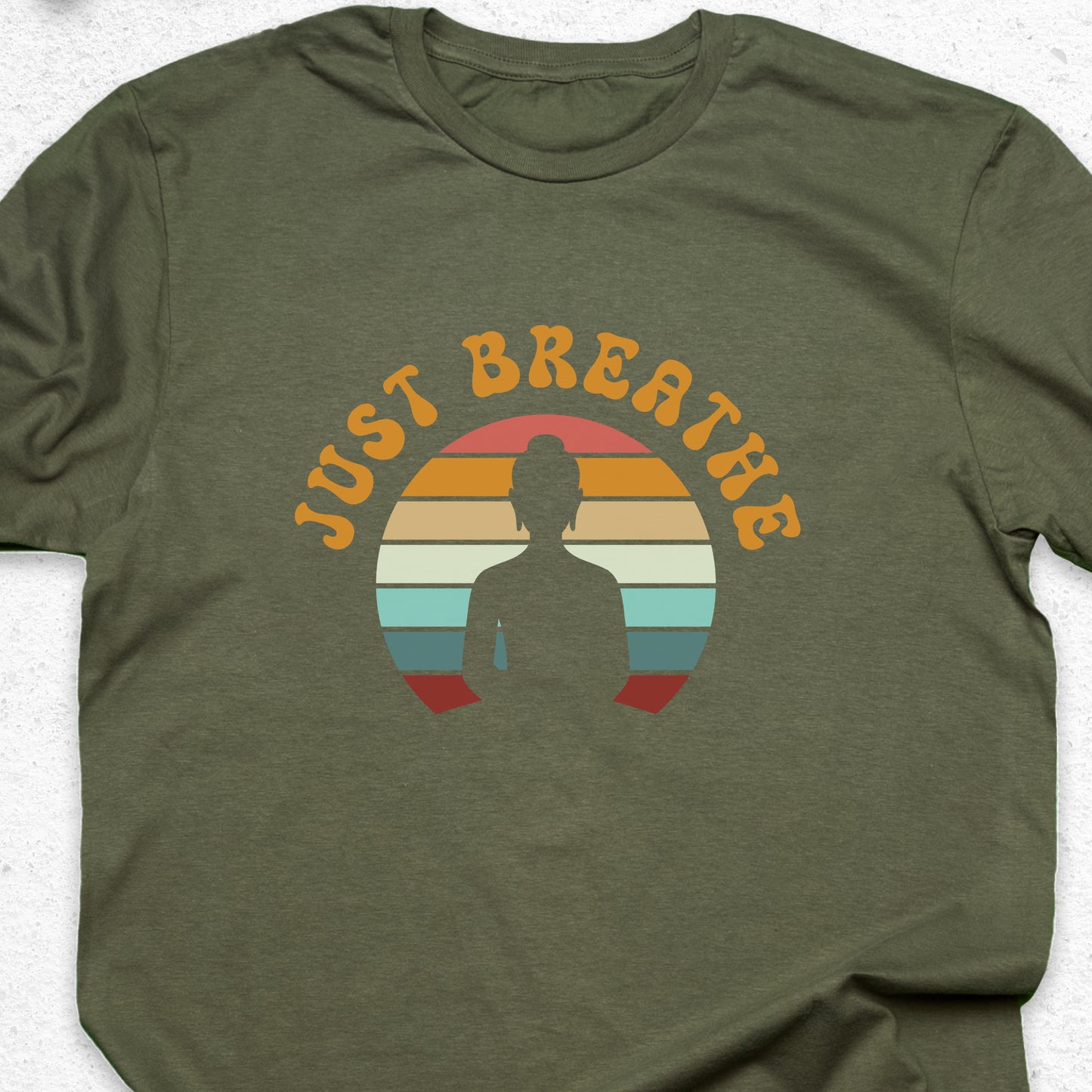 Just Breathe Yoga T-Shirt – Meditation Tee, Mindfulness Shirt, Zen Relaxation Retro Sunset Design