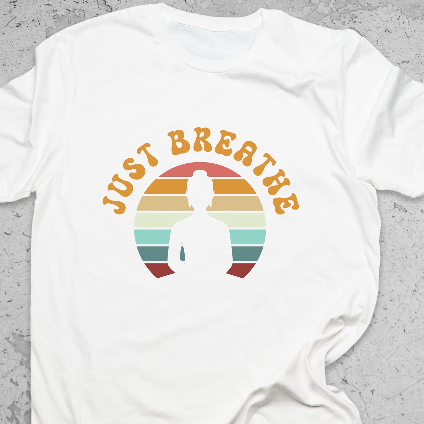 Just Breathe Yoga T-Shirt – Meditation Tee, Mindfulness Shirt, Zen Relaxation Retro Sunset Design
