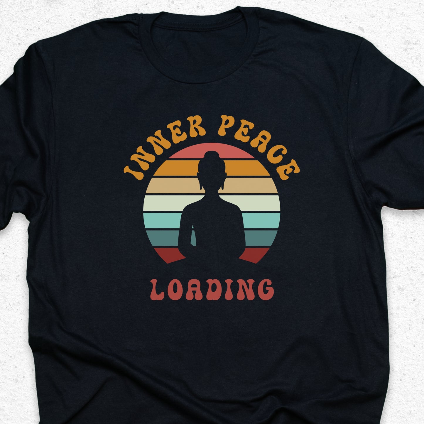 Inner Peace Loading T-Shirt – Funny Meditation Tee, Yoga Humor Shirt, Zen Retro Sunset Design