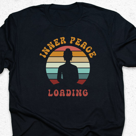 Inner Peace Loading T-Shirt – Funny Meditation Tee, Yoga Humor Shirt, Zen Retro Sunset Design