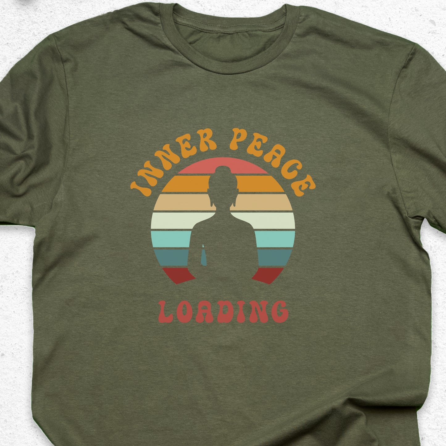 Inner Peace Loading T-Shirt – Funny Meditation Tee, Yoga Humor Shirt, Zen Retro Sunset Design