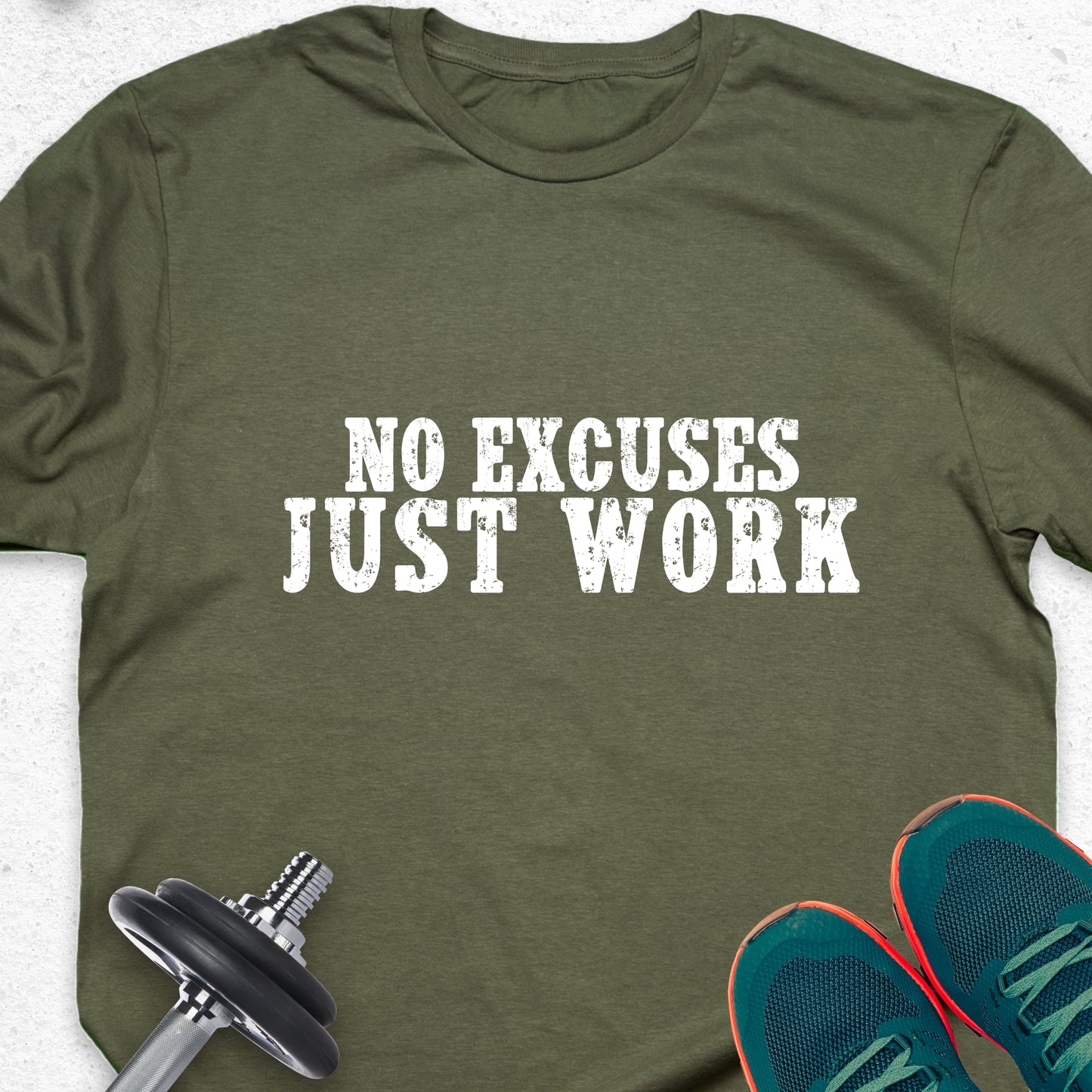 "No Excuses Just Work" Motivational Gym T-Shirt - Distressed Athletic Apparel