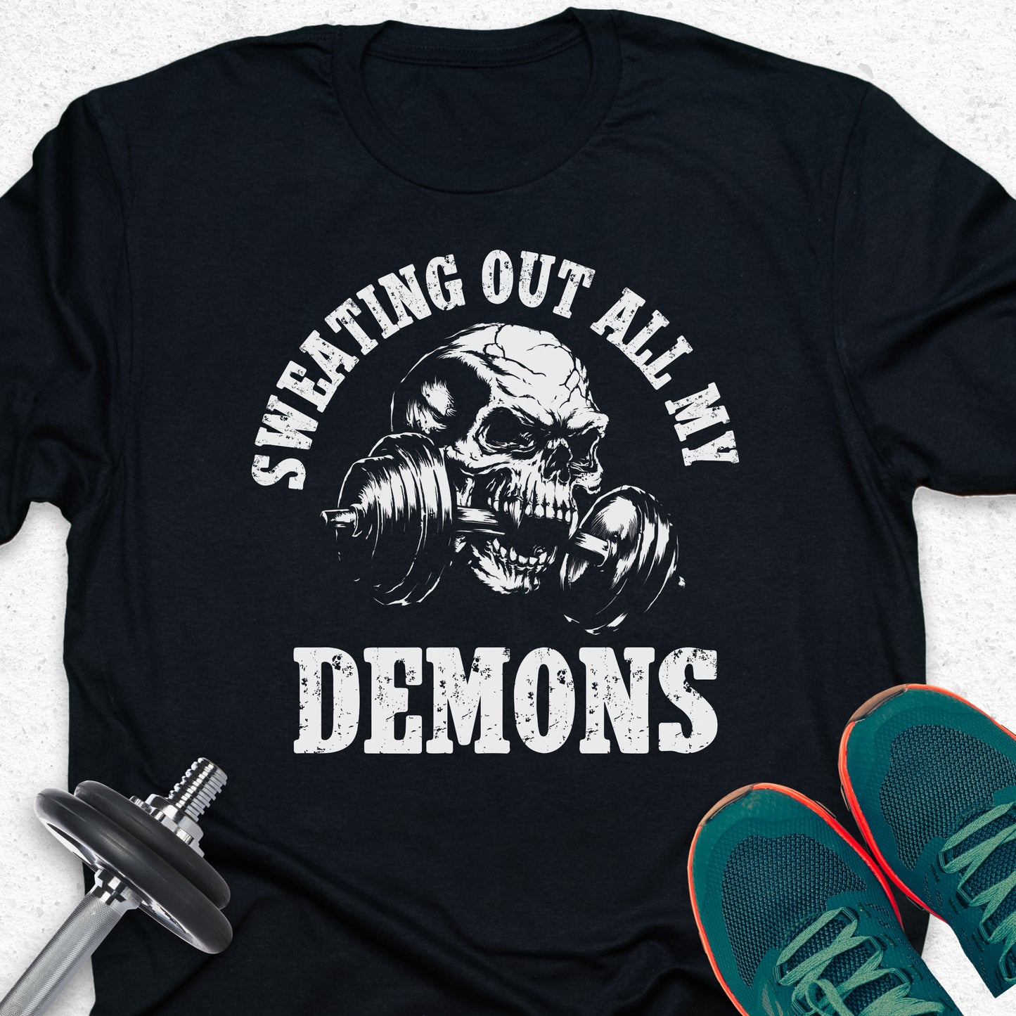Sweating Out All My Demons Skull Gym T-Shirt – Hardcore Fitness Motivation Tee