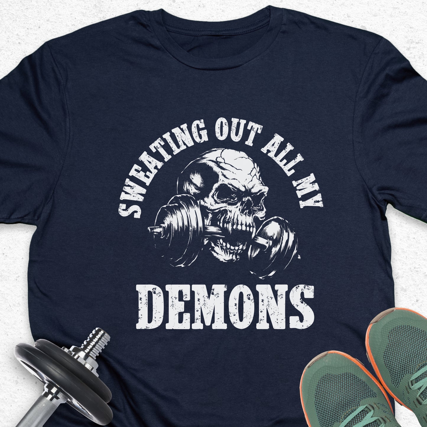 Sweating Out All My Demons Skull Gym T-Shirt – Hardcore Fitness Motivation Tee