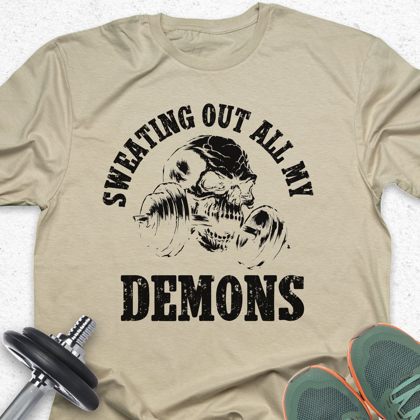 Sweating Out All My Demons Skull Gym T-Shirt – Hardcore Fitness Motivation Tee