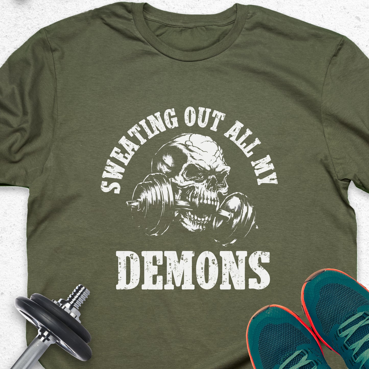 Sweating Out All My Demons Skull Gym T-Shirt – Hardcore Fitness Motivation Tee