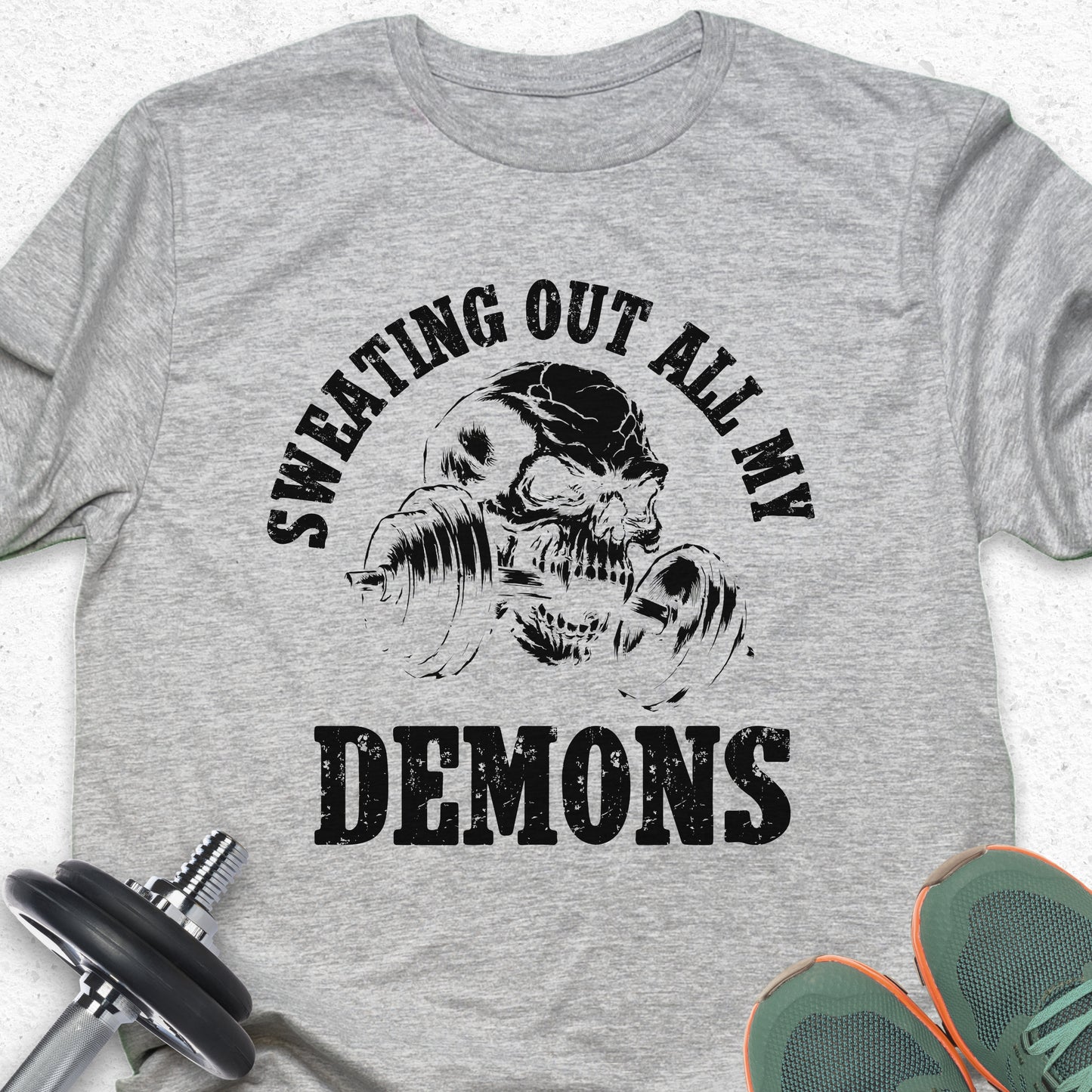 Sweating Out All My Demons Skull Gym T-Shirt – Hardcore Fitness Motivation Tee