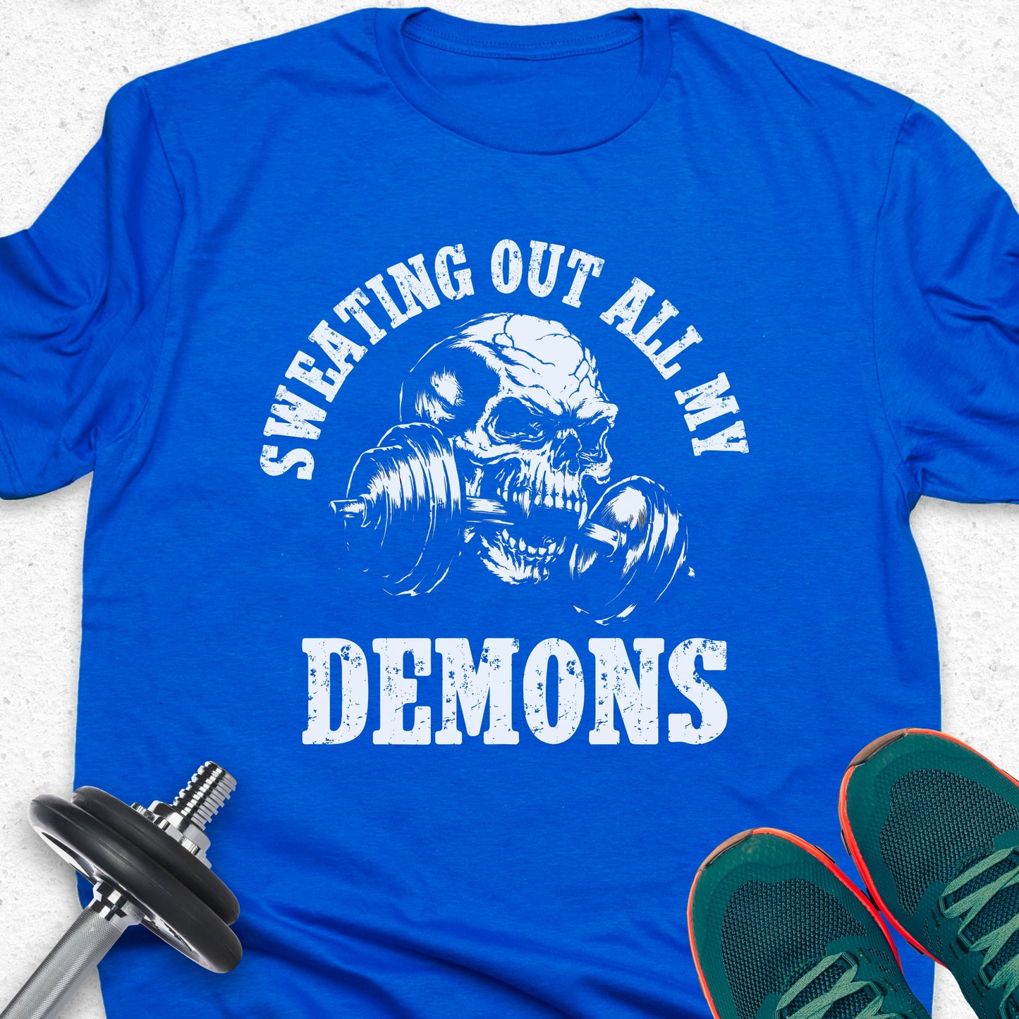 Sweating Out All My Demons Skull Gym T-Shirt – Hardcore Fitness Motivation Tee