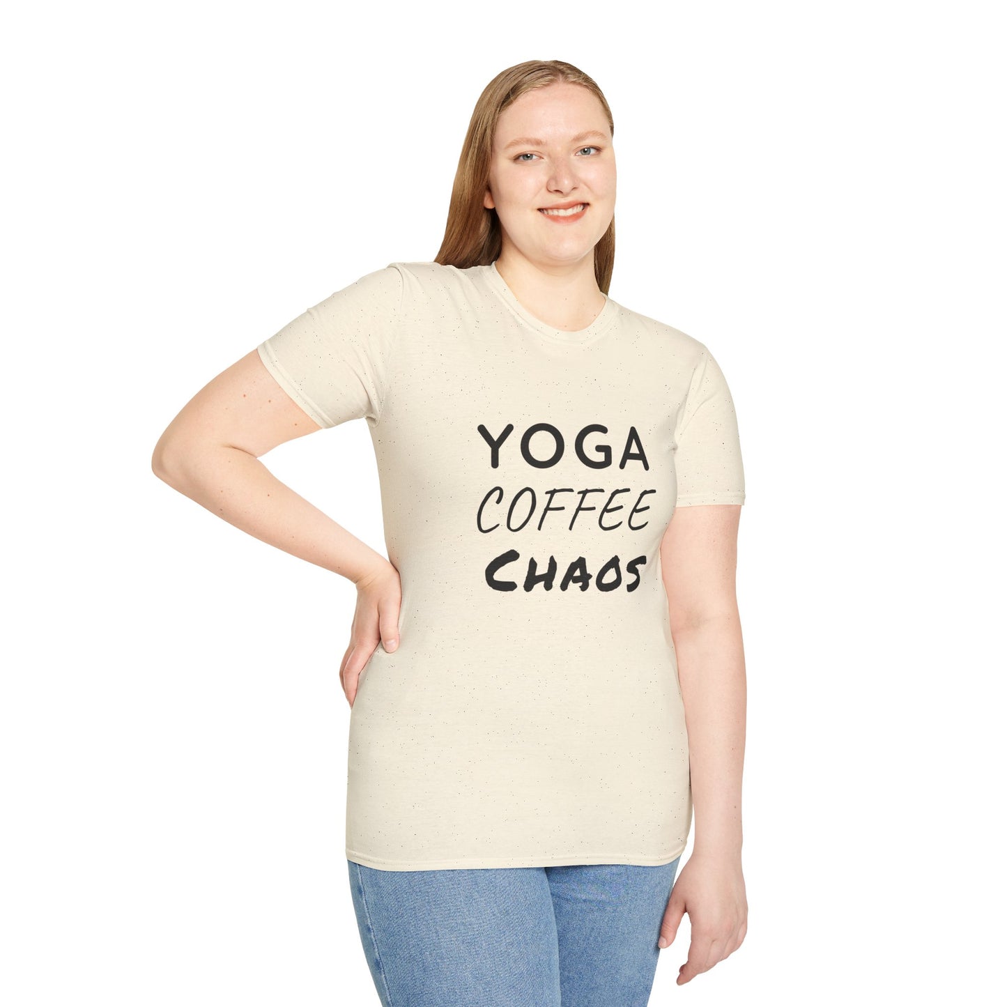 Yoga Coffee Chaos T-Shirt – Funny Yoga Lover Graphic Tee for Busy Women