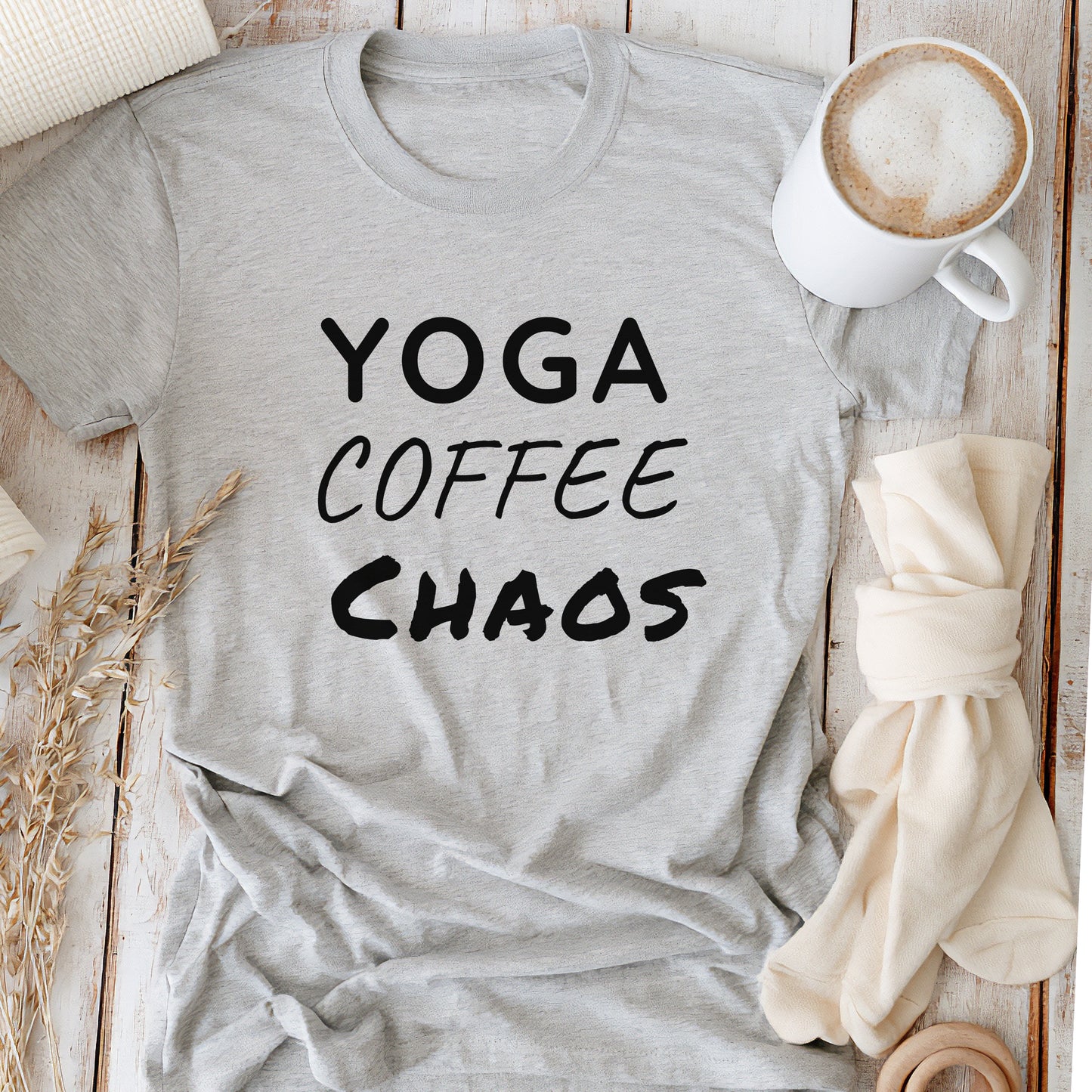 Yoga Coffee Chaos T-Shirt – Funny Yoga Lover Graphic Tee for Busy Women