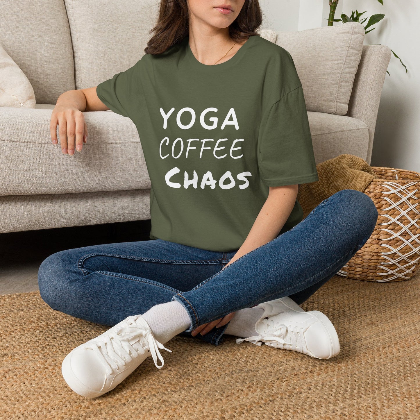Yoga Coffee Chaos T-Shirt – Funny Yoga Lover Graphic Tee for Busy Women