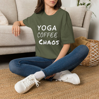 Yoga Coffee Chaos T-Shirt – Funny Yoga Lover Graphic Tee for Busy Women